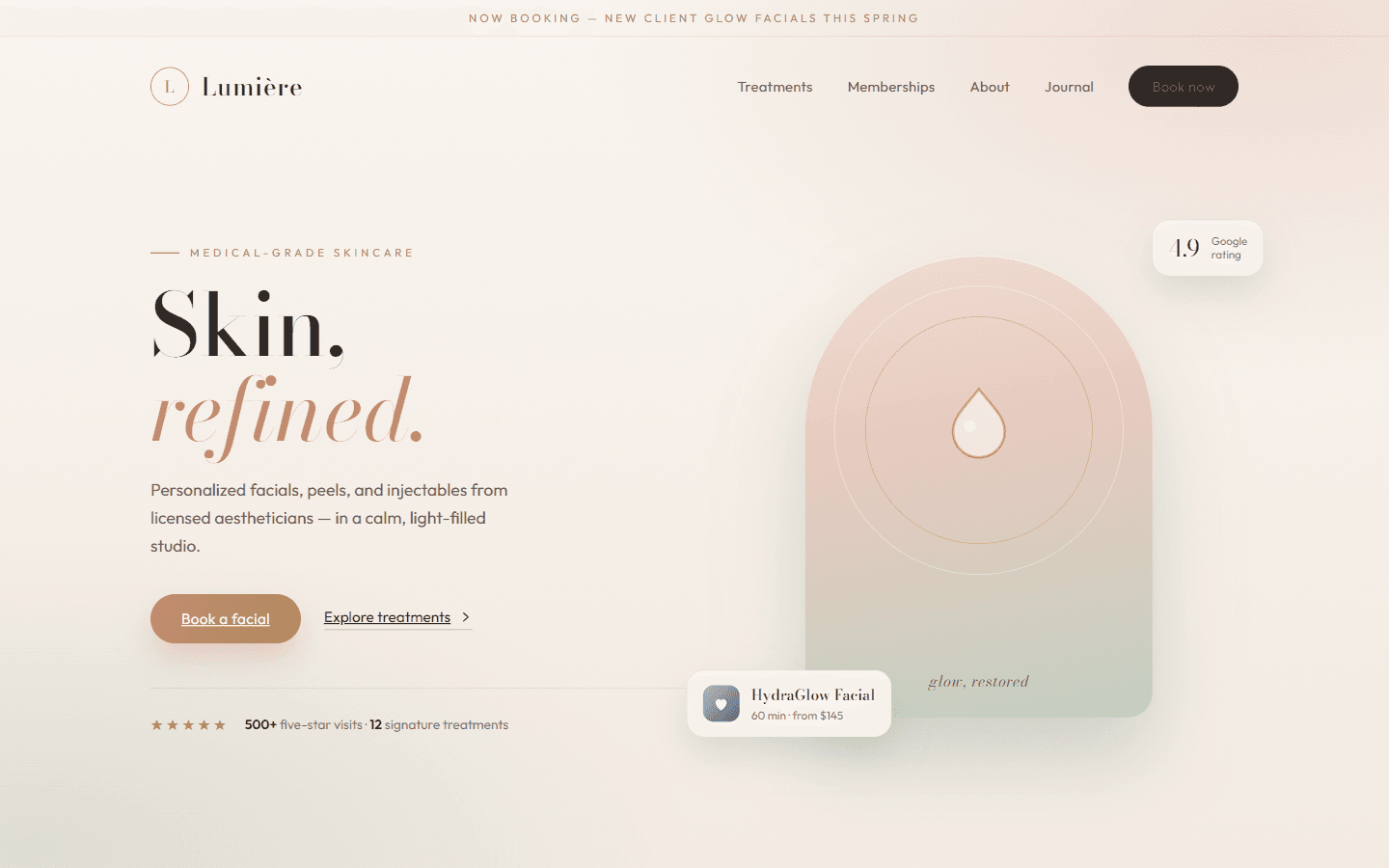 Lumière Skin Studio website home page